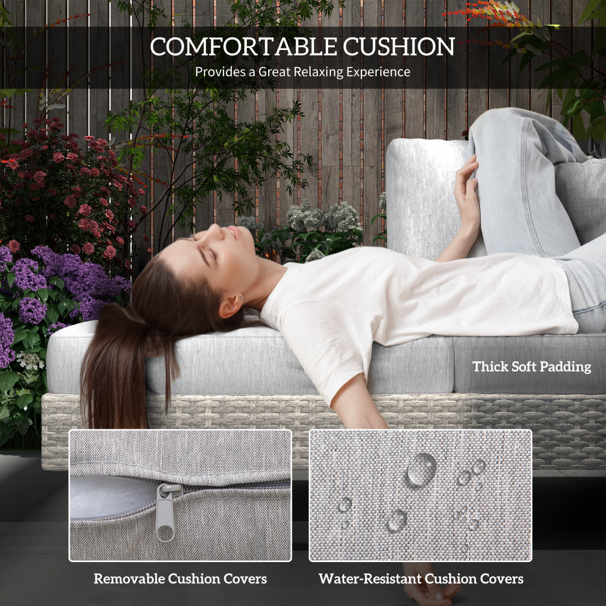 Outsunny 3-Piece Rattan Sofa Set with Tea Table, Side Table & Cushions – PE Wicker Lounge Furniture, Grey