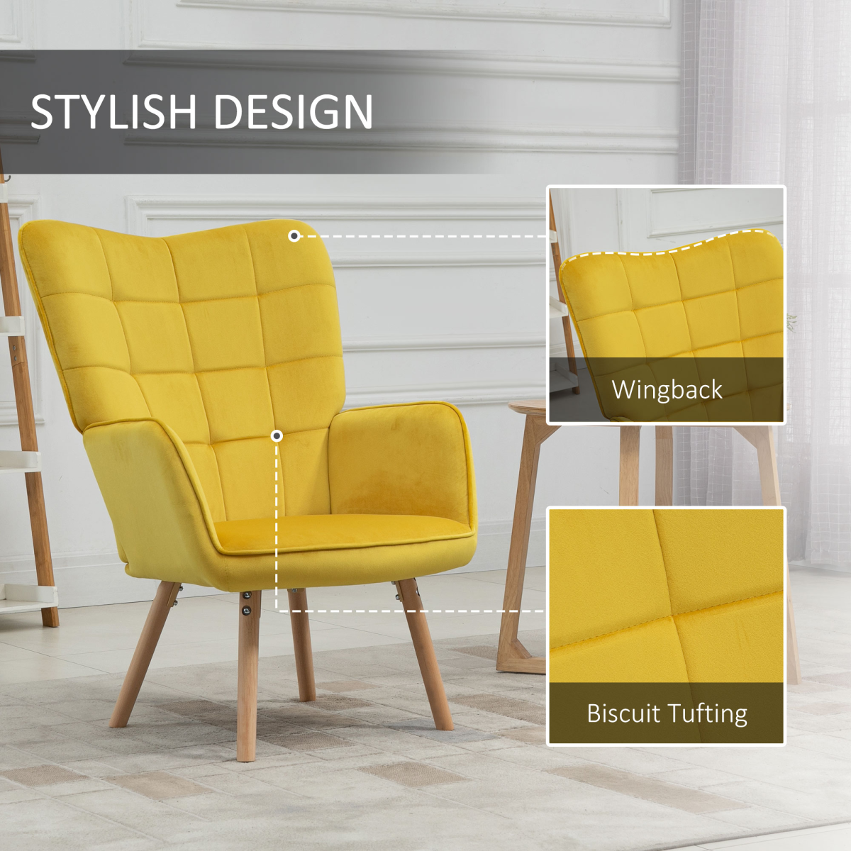 HOMCOM Velvet-Touch Tufted Wingback Accent Armchair with Wooden Legs – Living Room and Bedroom Chair, Yellow