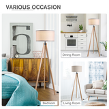 HOMCOM Rubberwood Tripod Floor Lamp with Fabric Shade – Stylish Living Room Lighting, Beige