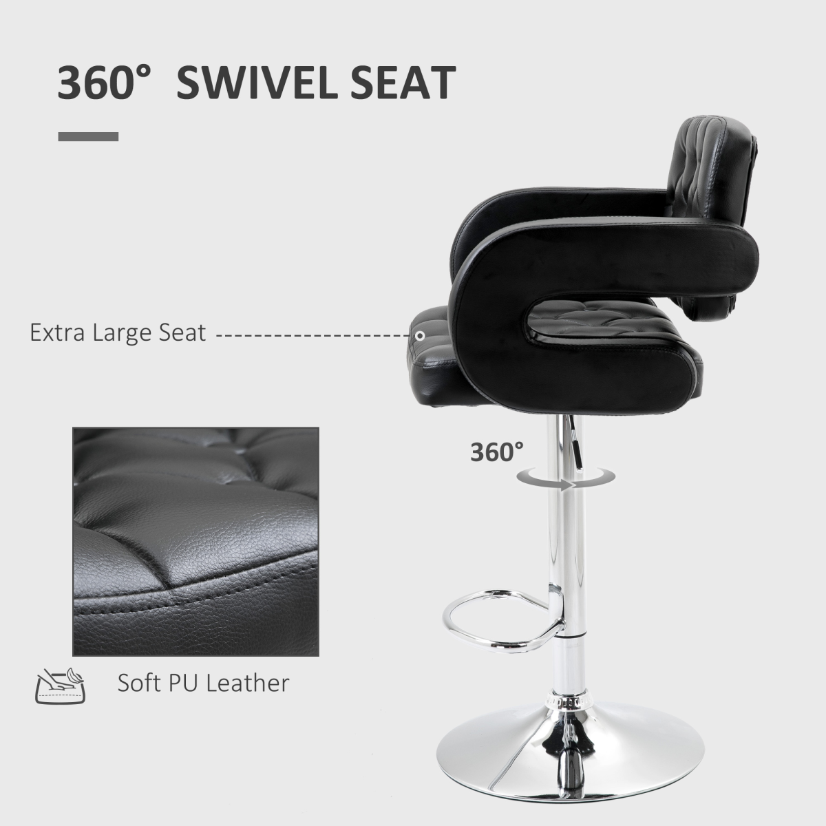 HOMCOM Adjustable Height Swivel Bar Stool with High Back, Arms and Footrest – Tufted PU Leather Kitchen Counter Chair