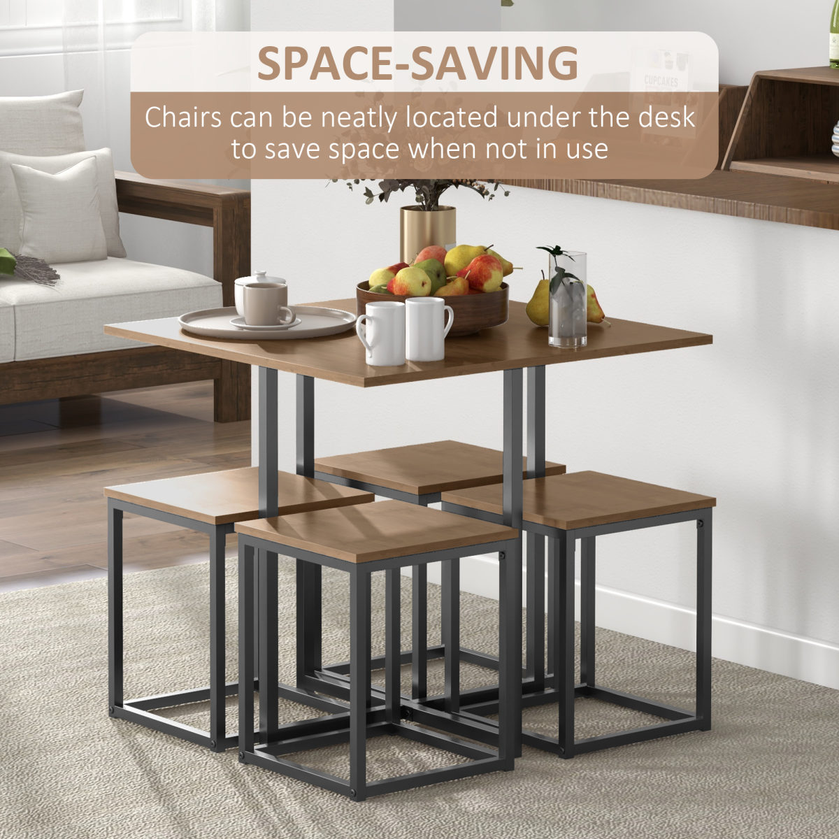HOMCOM Industrial 5-Piece Dining Set with Table and 4 Stools, Steel Frame – Space-Saving Kitchen Set, Black/Brown