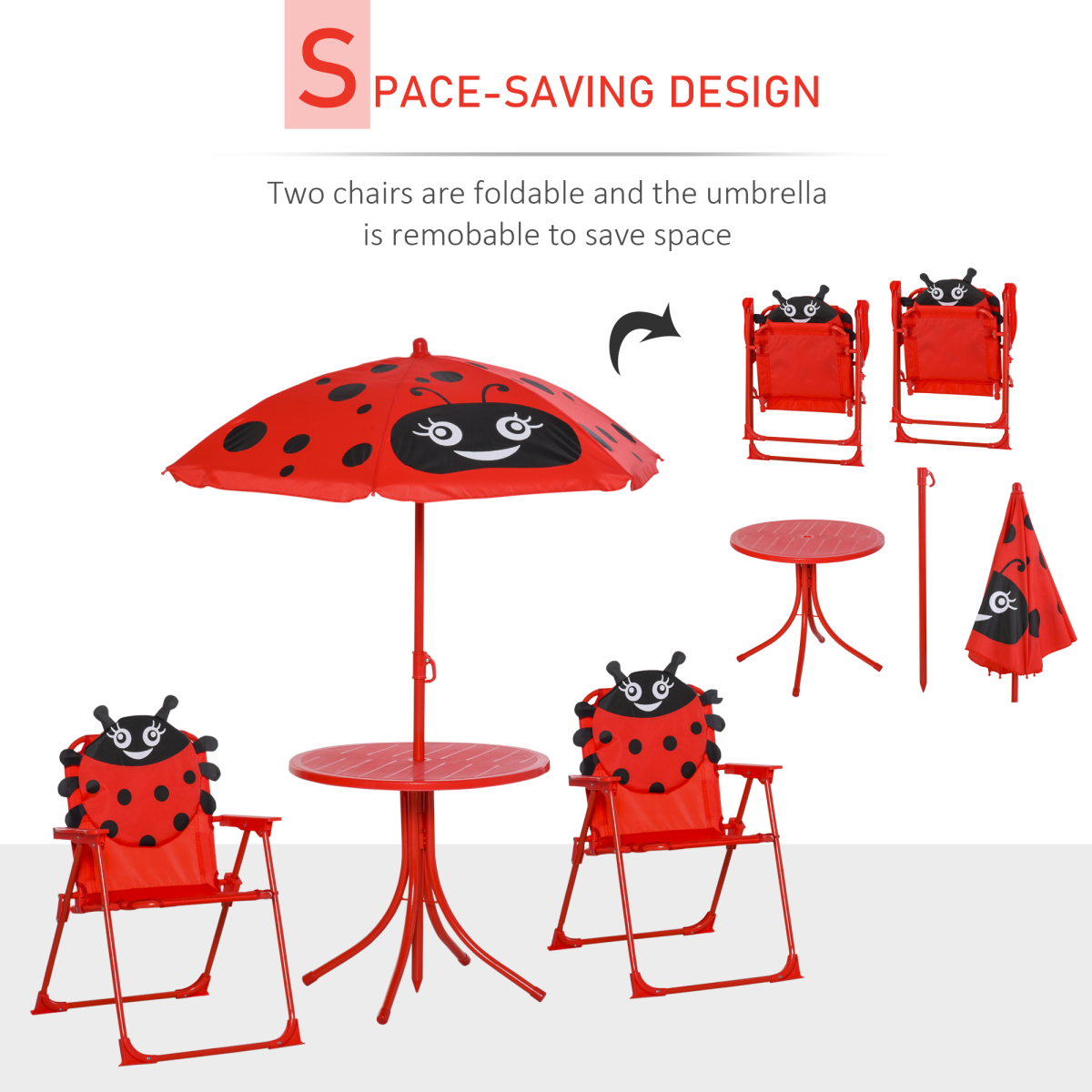 Kids Folding Picnic Table and Chair Set with Parasol – Four-Piece Outdoor Garden Set, Ladybird Design