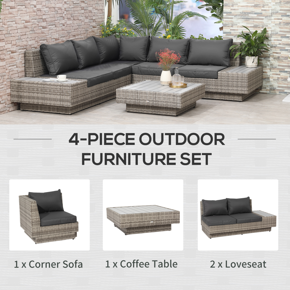 Outsunny Rattan Sectional Corner Sofa Set with Coffee Table & Padded Cushions – Patio Furniture, Light Grey