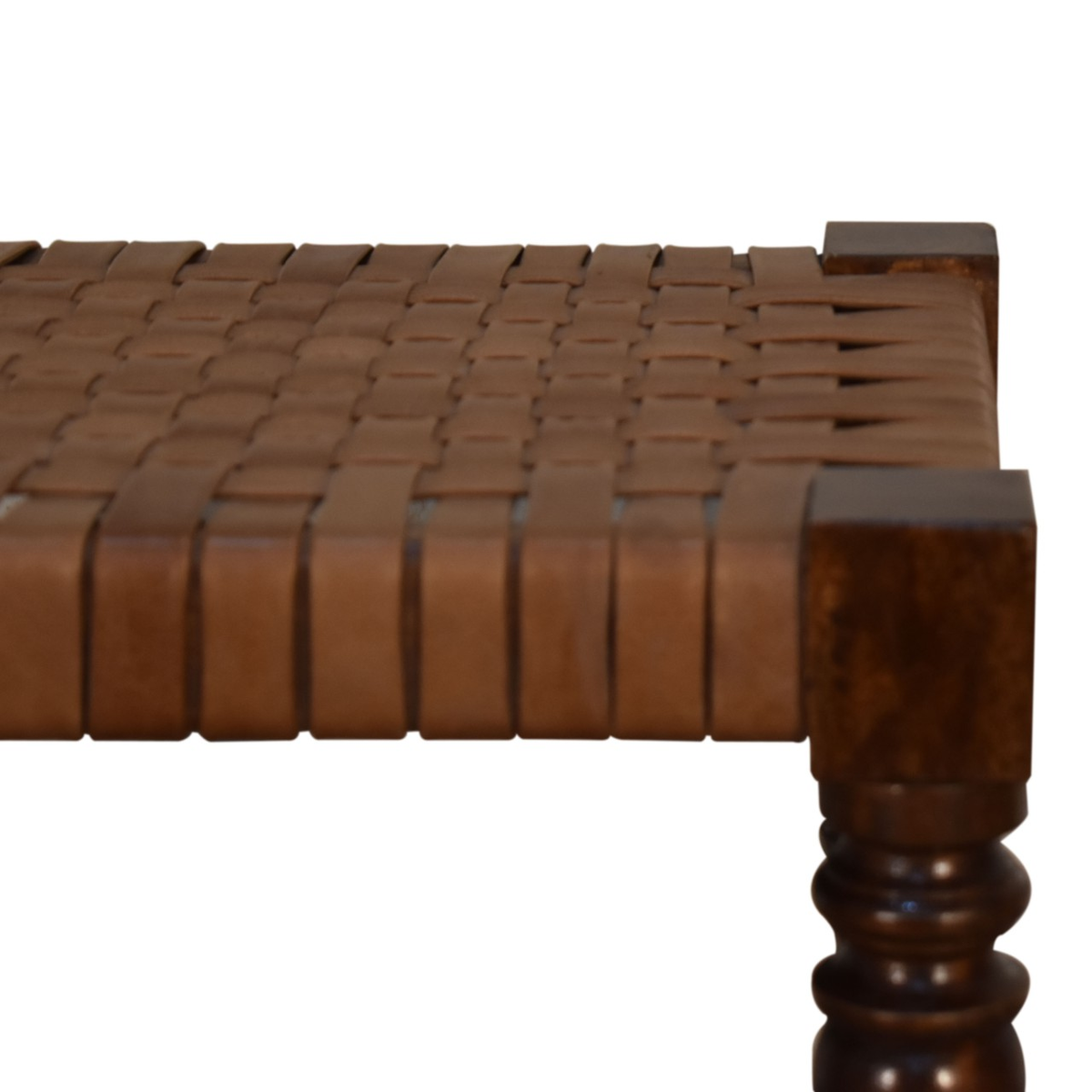 Artisan Furniture Solid Wood Woven Leather Top Footstool – Country Style Handcrafted Seat, Chestnut Finish, Brown