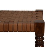 Artisan Furniture Solid Wood Woven Leather Top Footstool – Country Style Handcrafted Seat, Chestnut Finish, Brown