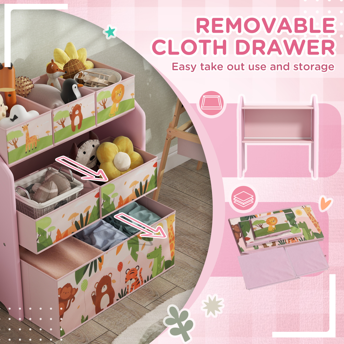 AIYAPLAY Kids Toy Storage Unit with 6 Fabric Boxes – Pink 3-Tier Playroom Organiser