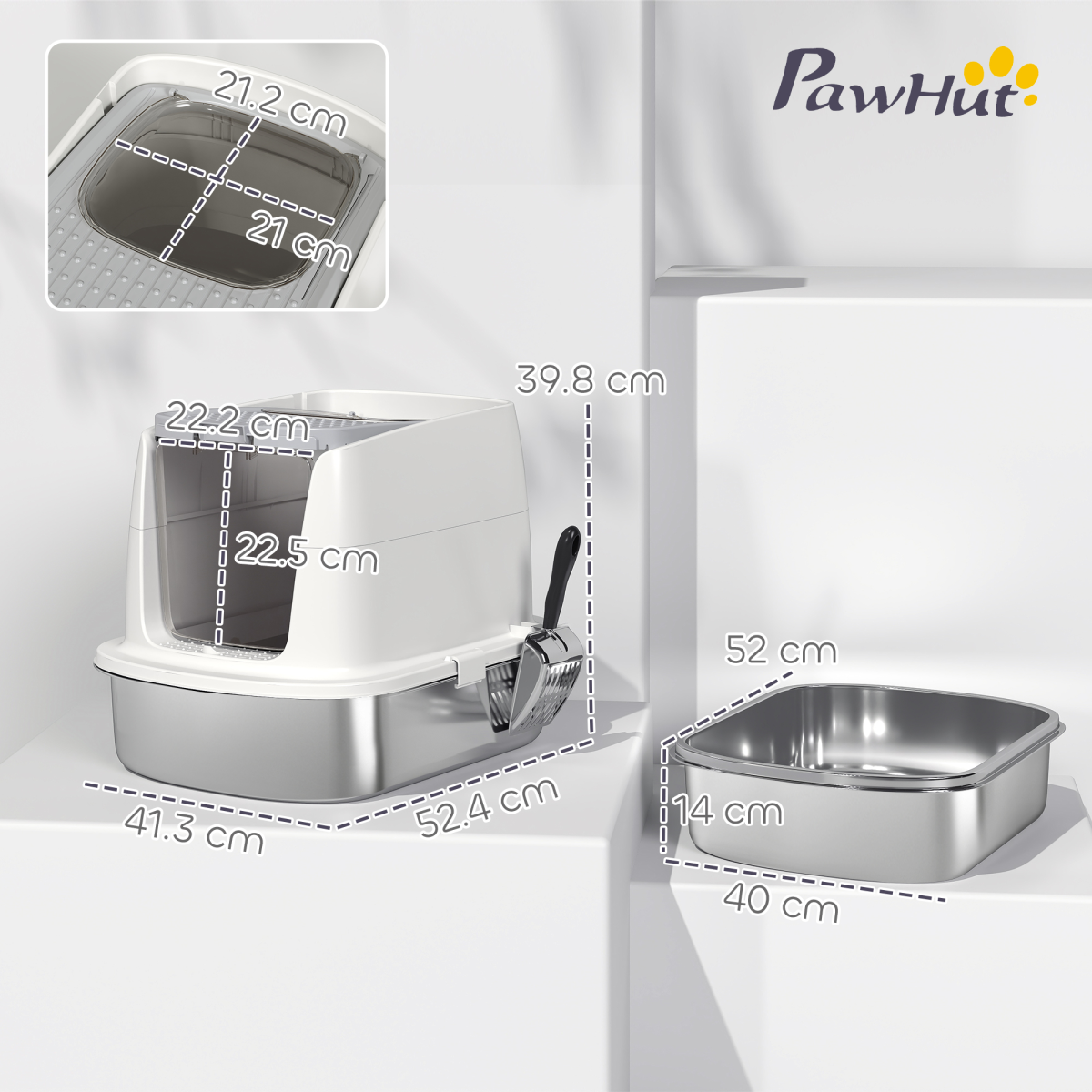 PawHut Enclosed Stainless Steel Cat Litter Box with Scoop, Front Entry & Top Exit – Scratch-Proof Litter Tray for Cats up to 5kg, White