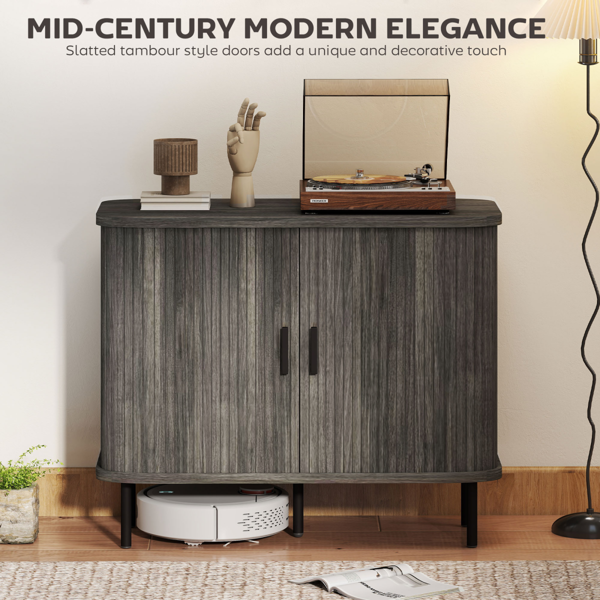 Mid-Century Sideboard with Slatted Tambour Sliding Doors – Kitchen & Hallway Storage Cabinet, Grey & Black