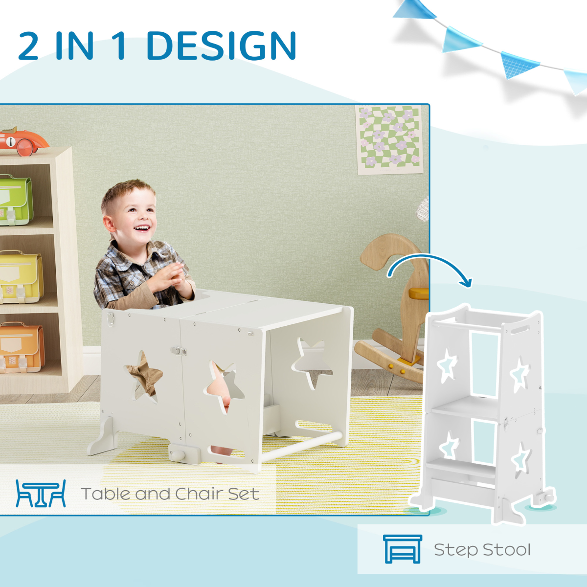 AIYAPLAY 2 in 1 Toddler Step Stool with Safety Rail – Converts to Table and Chair Set, White