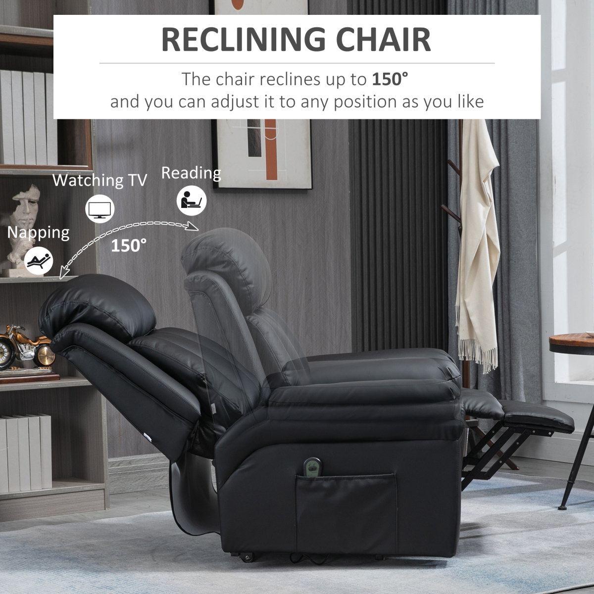 HOMCOM PU Leather Electric Lift and Rise Recliner, Overstuffed Design – Standing Assistance Chair, Black