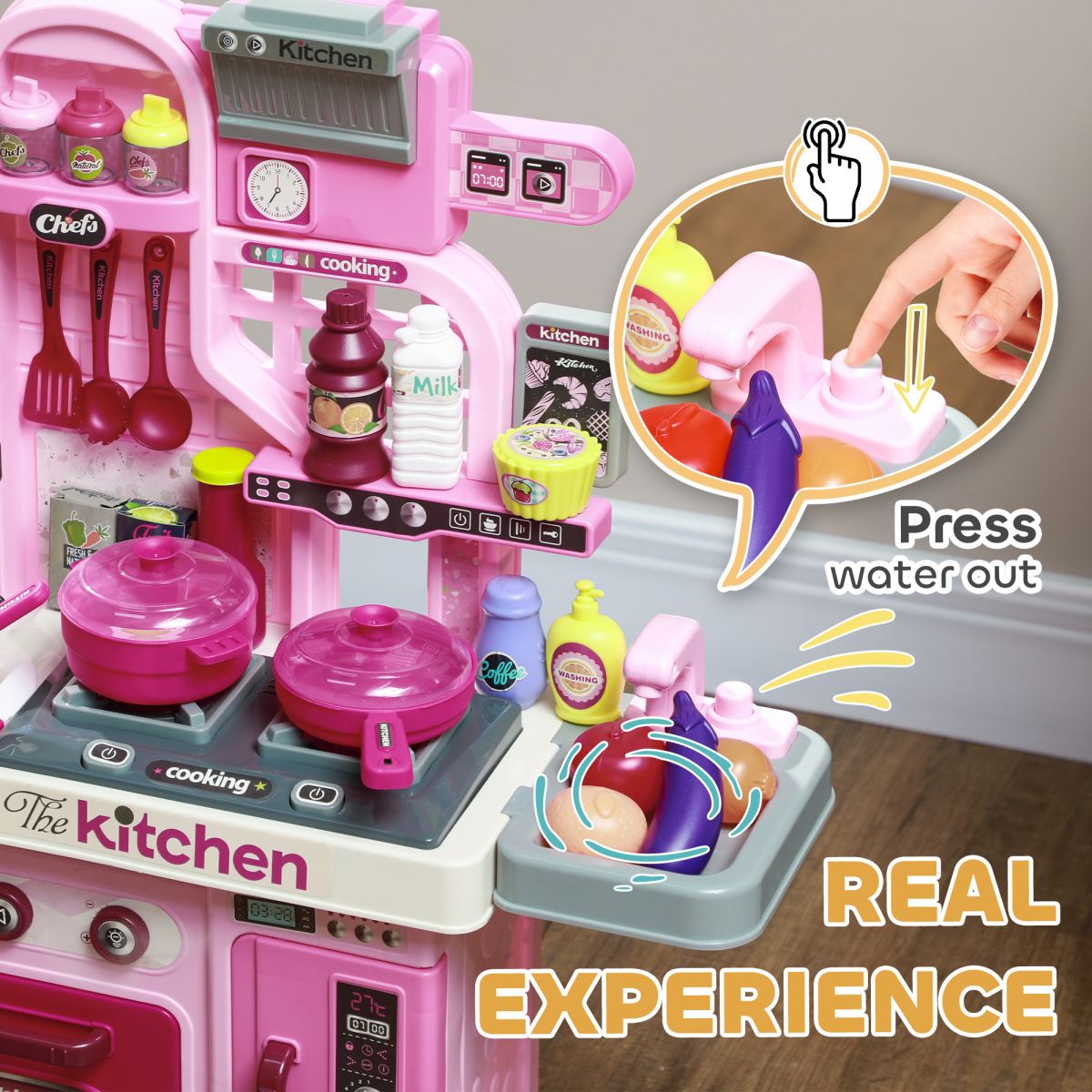 AIYAPLAY Kids Play Kitchen with 33 Accessories, Lights, Sounds and Storage – Pretend Cooking Toy, Pink