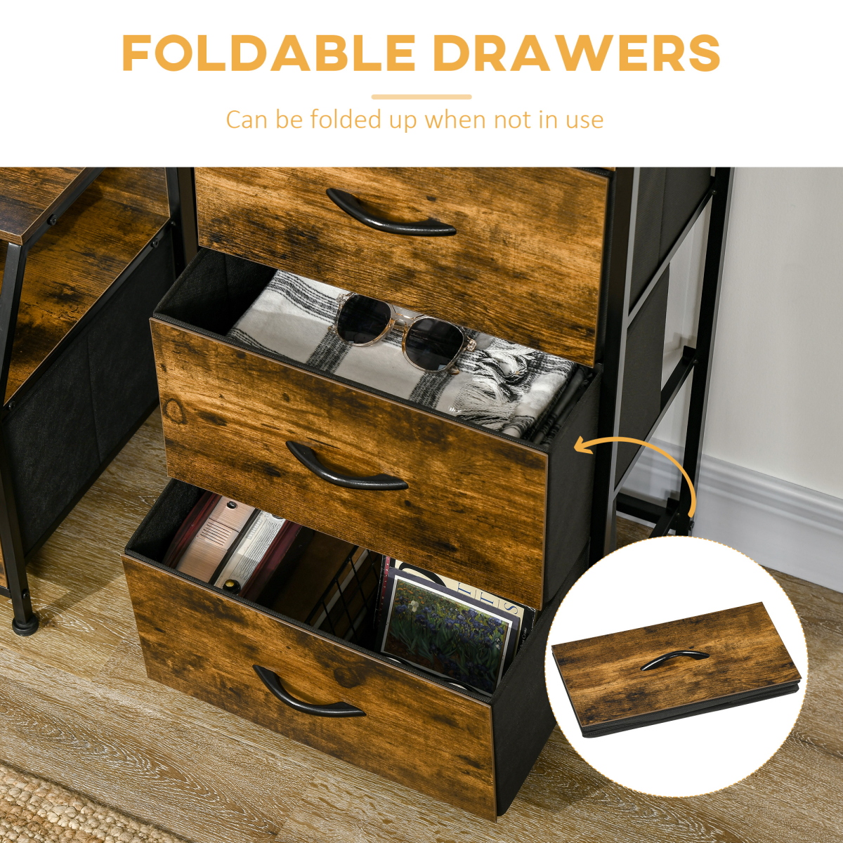 HOMCOM Industrial 3-Drawer Storage Cabinet with Display Shelves – Metal Frame, Wood-Effect Finish