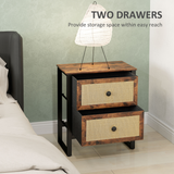 HOMCOM Bedside Table with 2 Rattan Drawers, Steel Legs and Adjustable Feet – Bedroom Storage, Rustic Brown