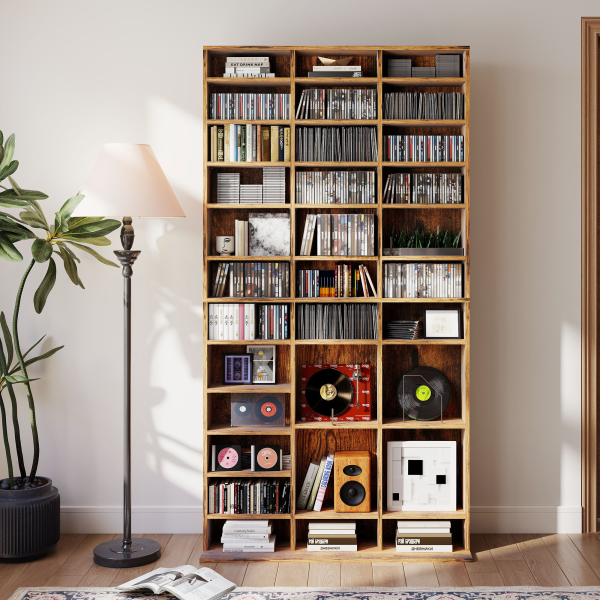 Tall Bookcase with 36 Cubes & 11 Adjustable Shelves for CDs and DVDs – Storage Cabinet, Rustic Brown