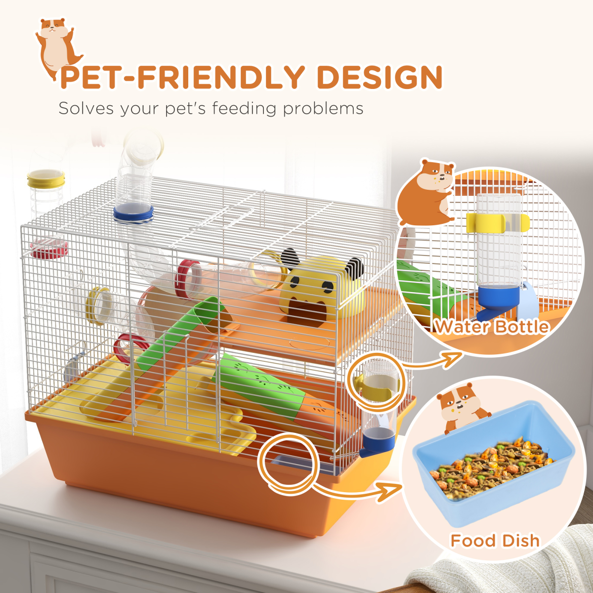 Hamster Cage with Running Wheel, Ramps, Platforms and Hut – Small Pet Cage for Dwarf Hamsters and Gerbils