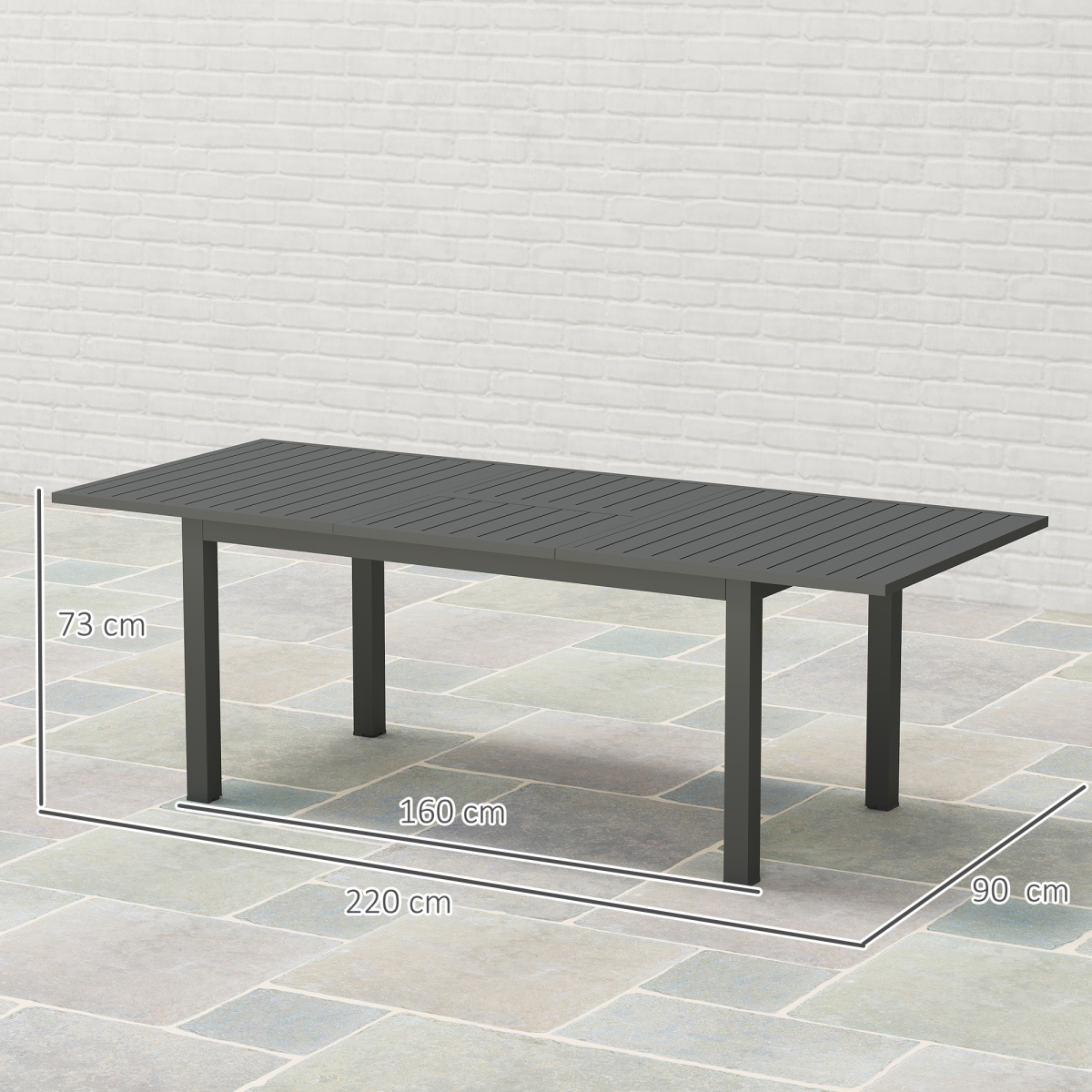Outsunny Extending Garden Table with Slatted Top, 160/220 x 90 x 73 cm – Seats 6-8, Aluminium, Grey