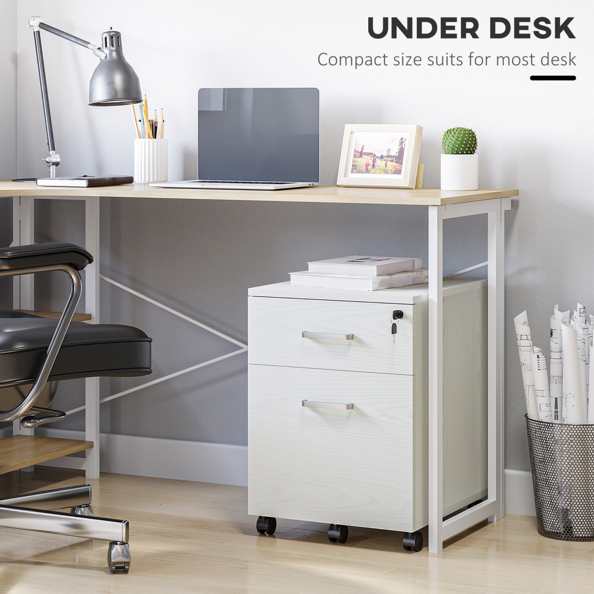 Vinsetto 2-Drawer Locking Mobile Filing Cabinet on Wheels – Home Office Document Storage, White