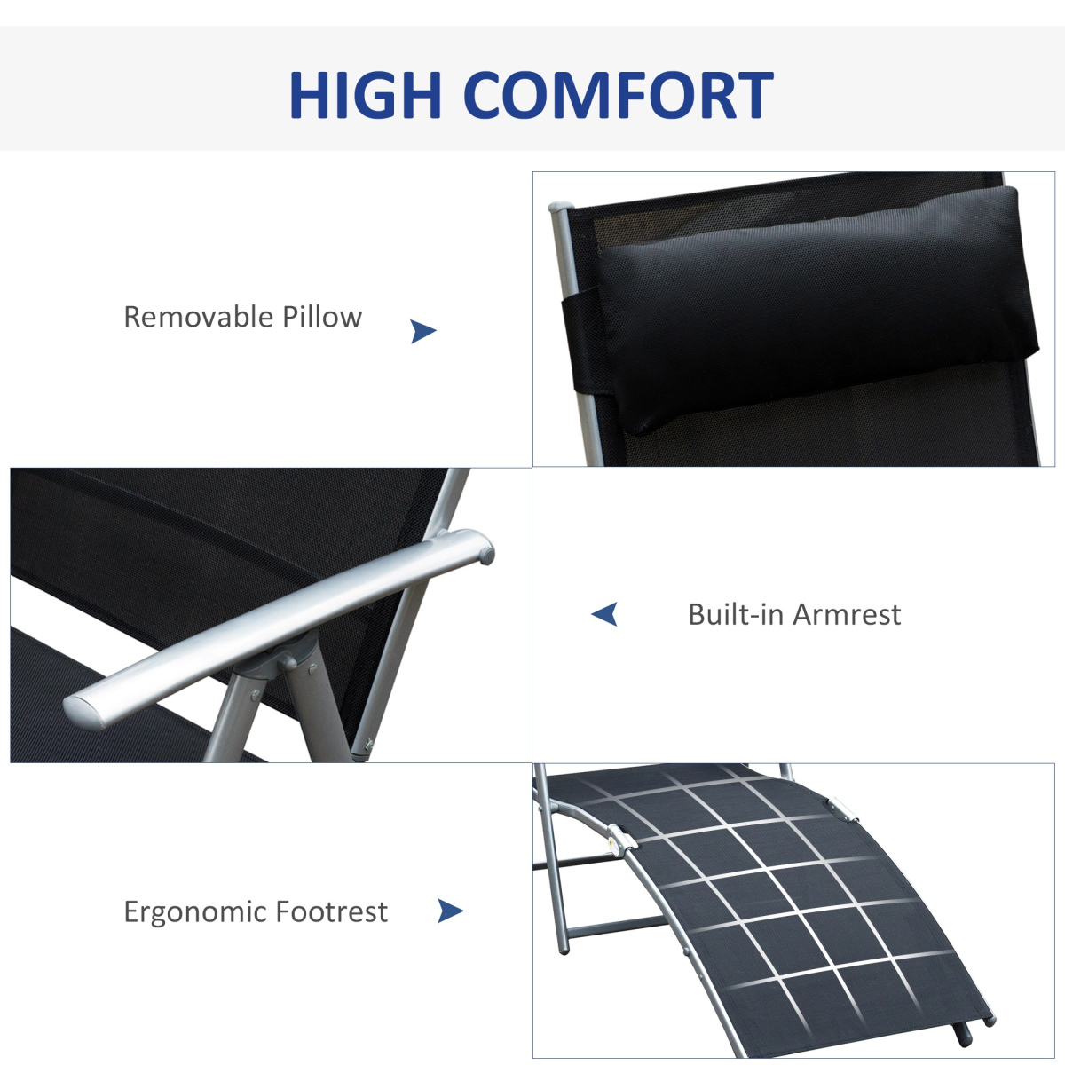 Outsunny Foldable 7-Position Textilene Sun Lounger with Pillow – Reclining Garden Chair, Black