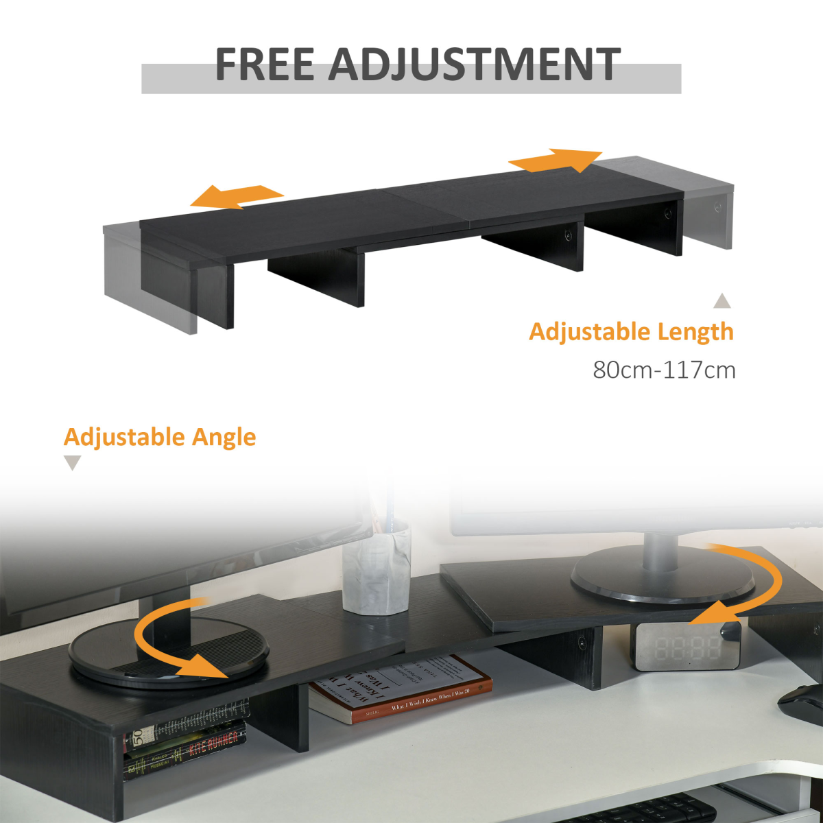 Vinsetto Monitor Stand Riser with Extendable Length 80-117cm and Three-Part Storage – Desk Shelf for Two Laptops