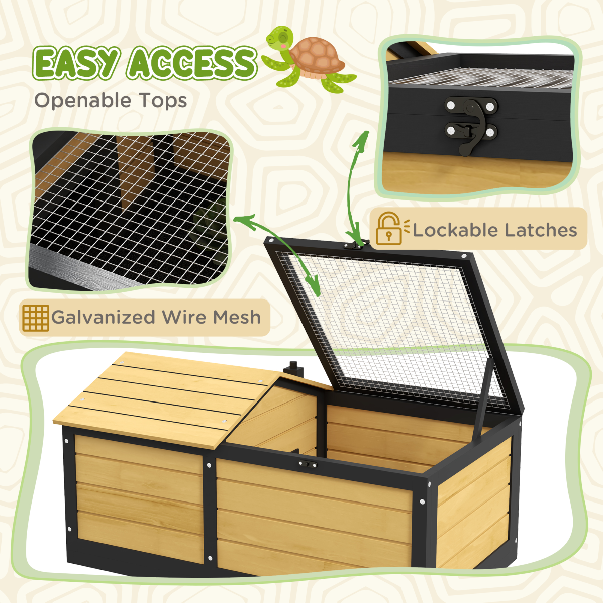 PawHut Wooden Tortoise House with Hide Shelter Den, Run & Openable Roof – Small Reptile Habitat, Yellow