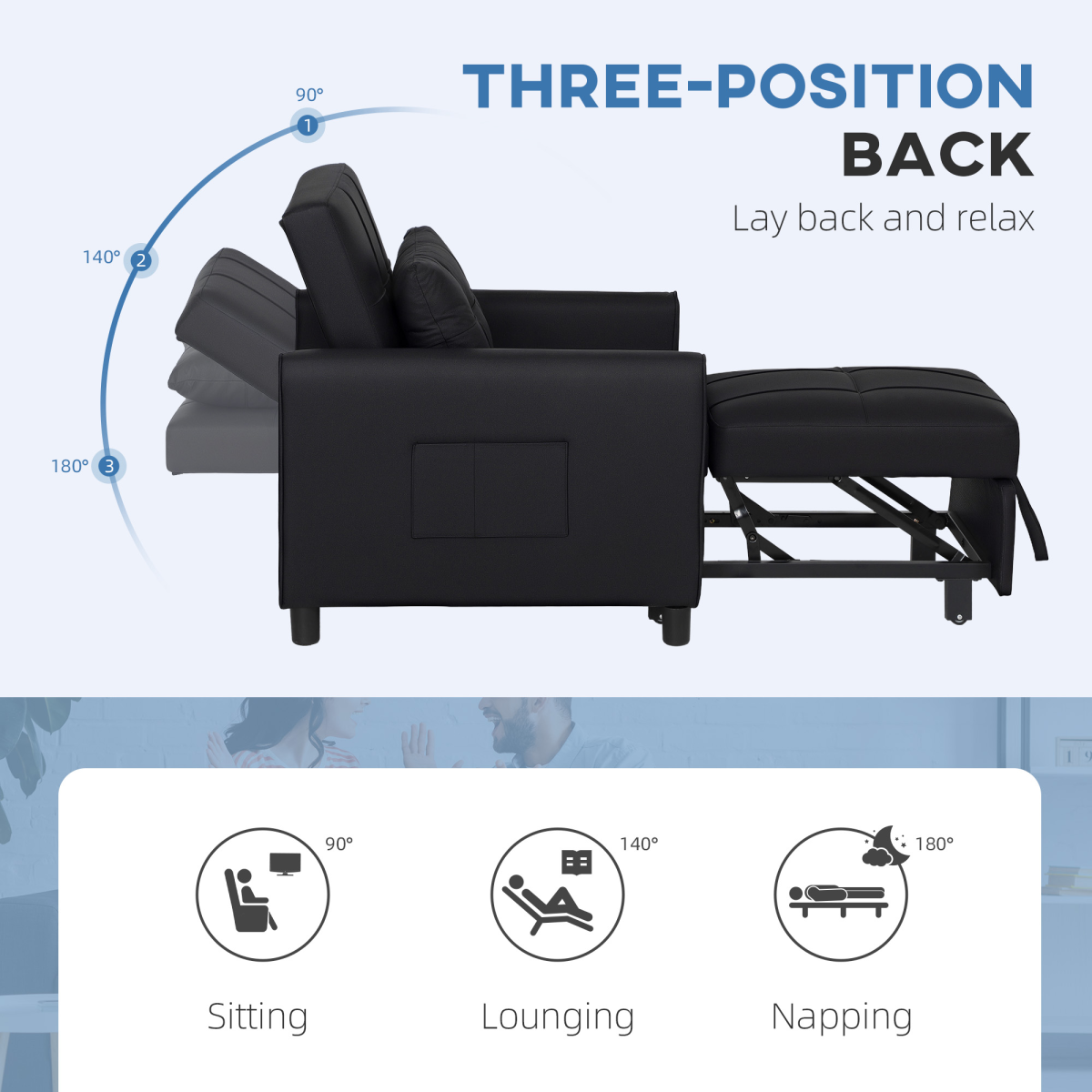 HOMCOM Folding Sleeper Chair Bed with Pillow & Side Pockets – Space-Saving Guest Bed, Black