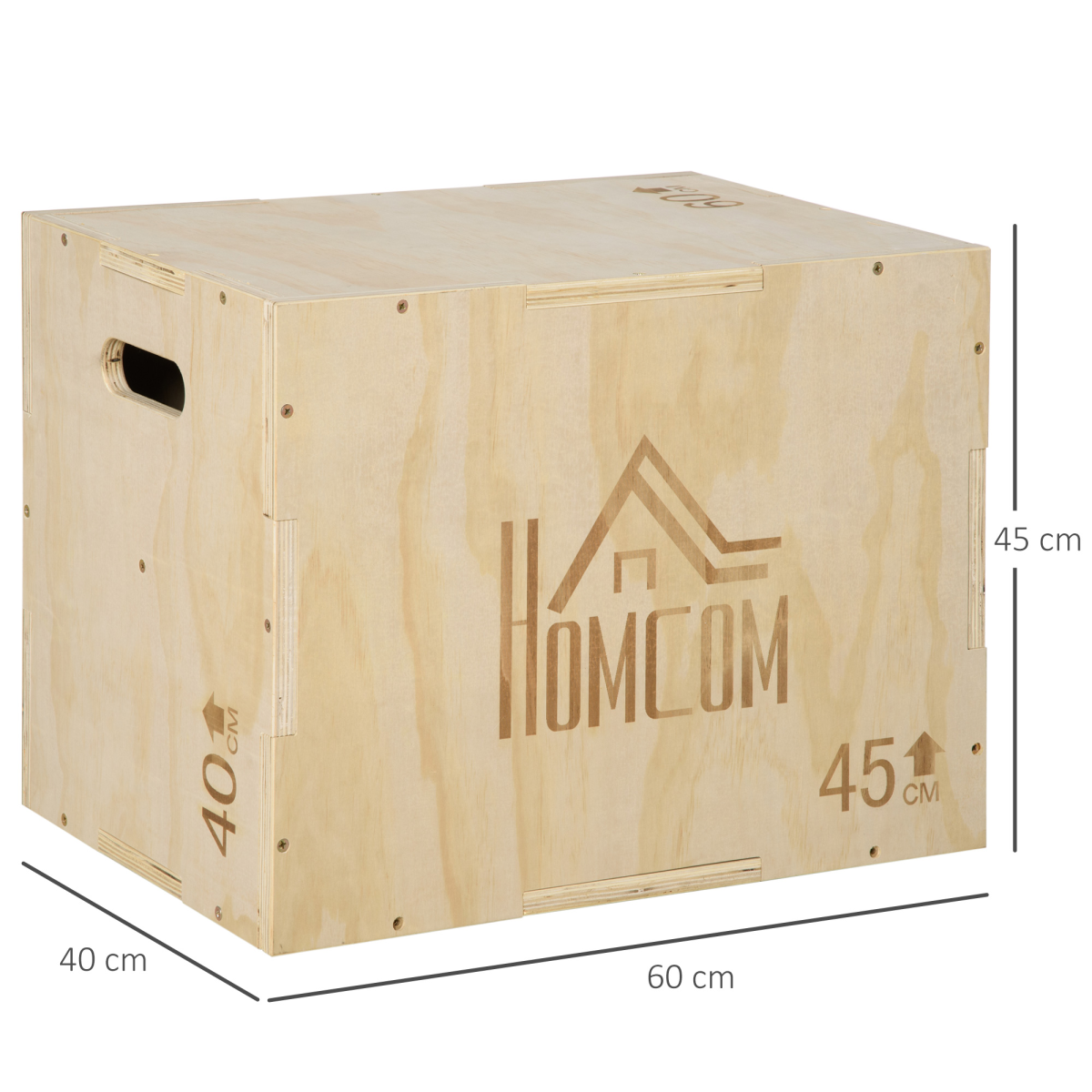 HOMCOM 3-in-1 Wooden Plyo Box with 40/45/60cm Jump Heights & Carved Handles – Home Gym Training, Natural