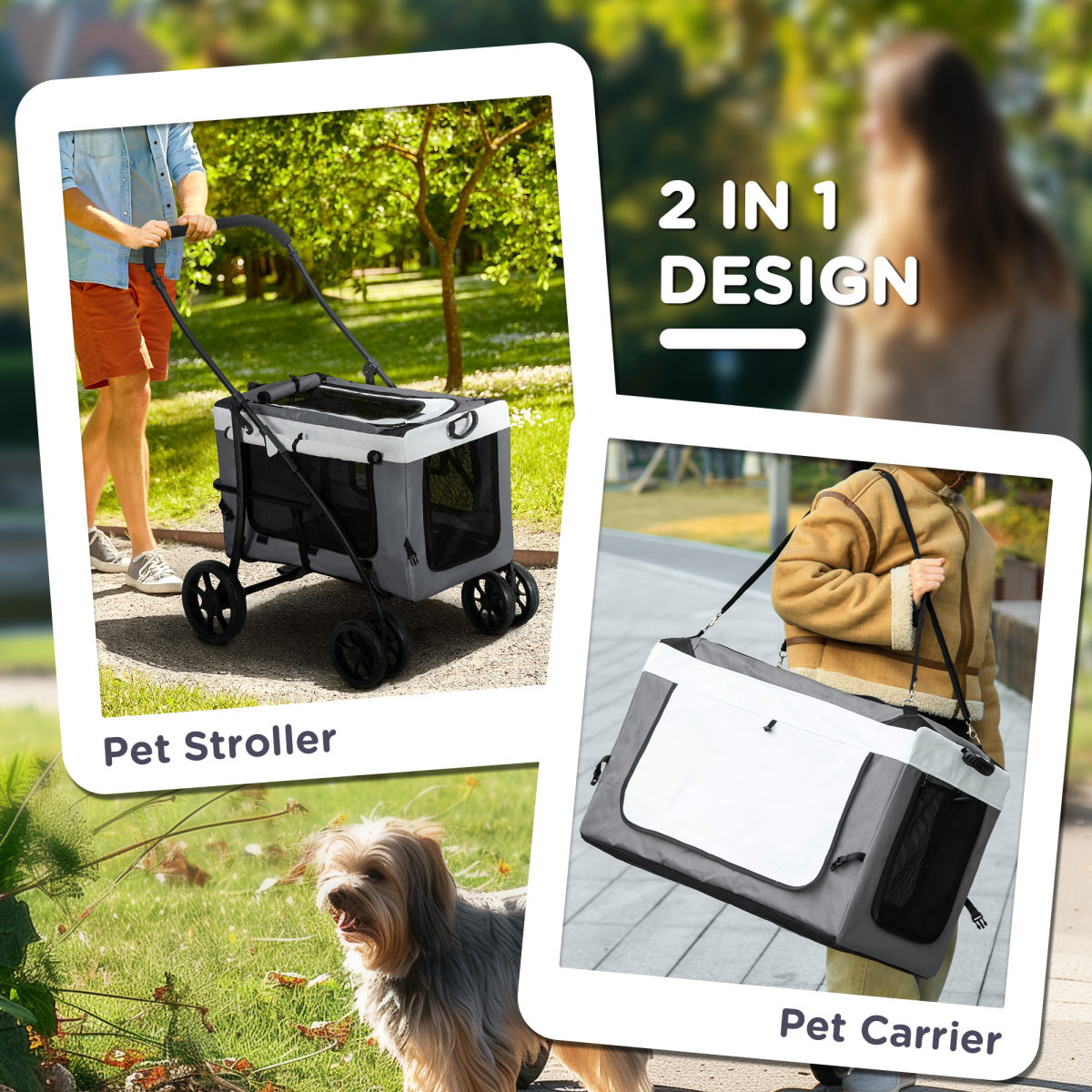 PawHut Foldable Pet Stroller with Detachable Carrier, Soft Padding & Storage Pouch for Small Dogs – Grey