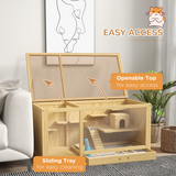 PawHut Wooden Hamster Cage with Water Bottle, Platforms, Seesaw & Openable Roof – Dwarf Hamster Habitat