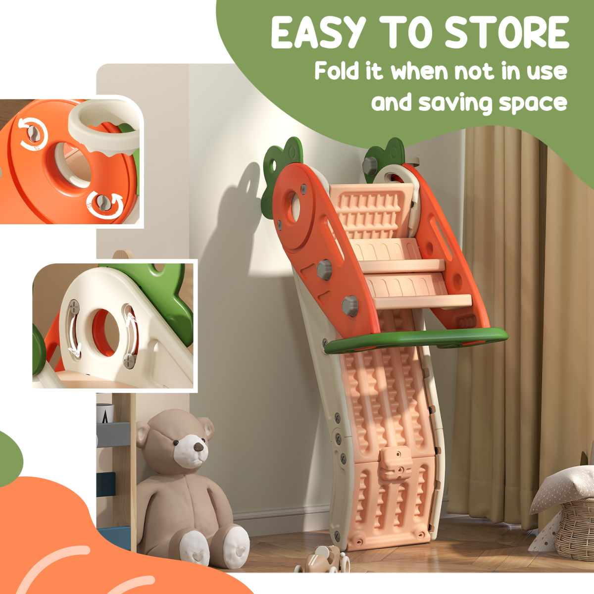 AIYAPLAY 3 in 1 Kids Slide with Climber & Basketball Hoop – Carrot Themed Foldable Indoor Playset, Ages 1-3
