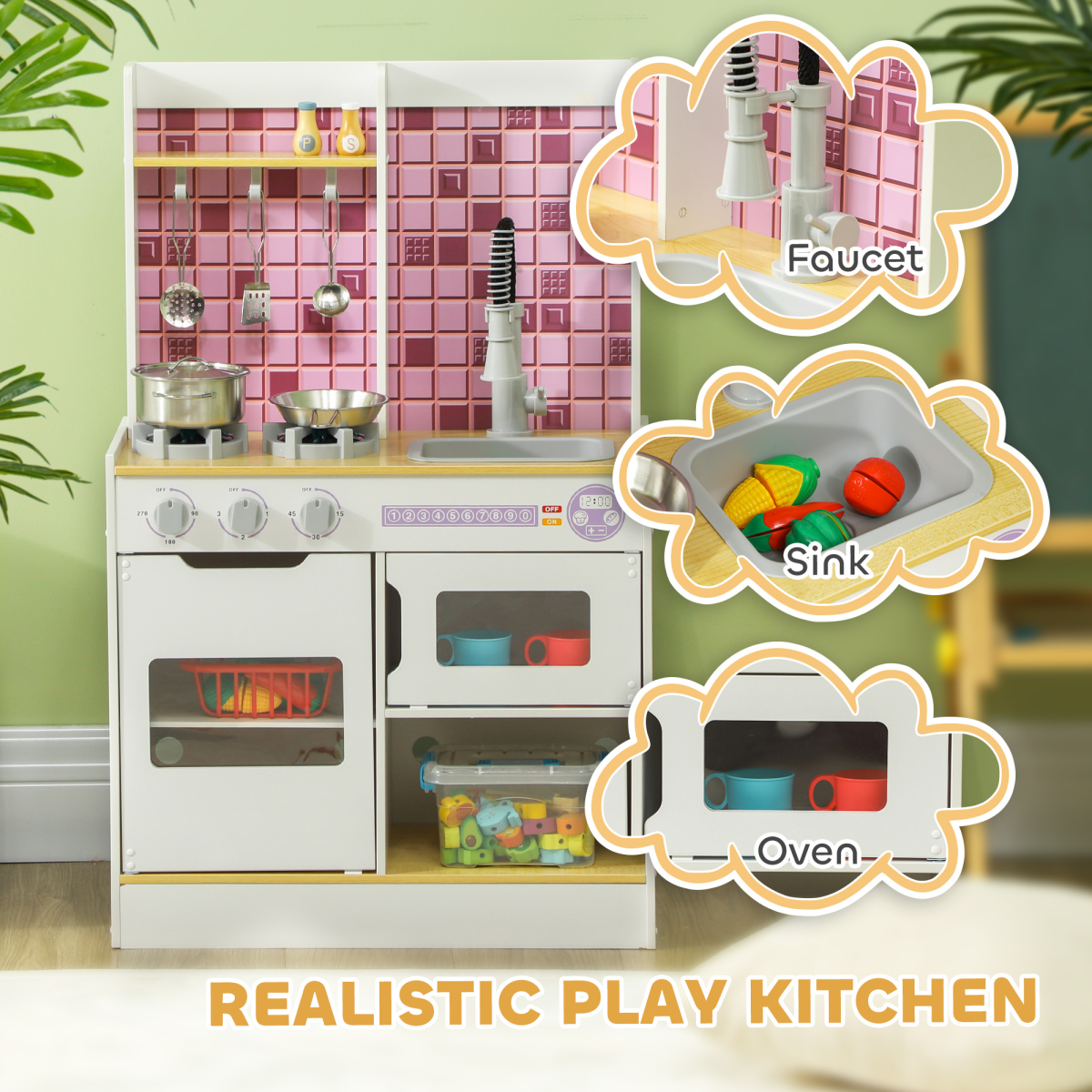 AIYAPLAY Kids Play Kitchen with Light & Sound Stove, Oven, Sink & Storage – Role Play Cooking Set, White
