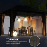 Outsunny 3.6 x 3m Metal Hardtop Gazebo with Zip Curtains & Mosquito Netting – Garden Shelter, Brown