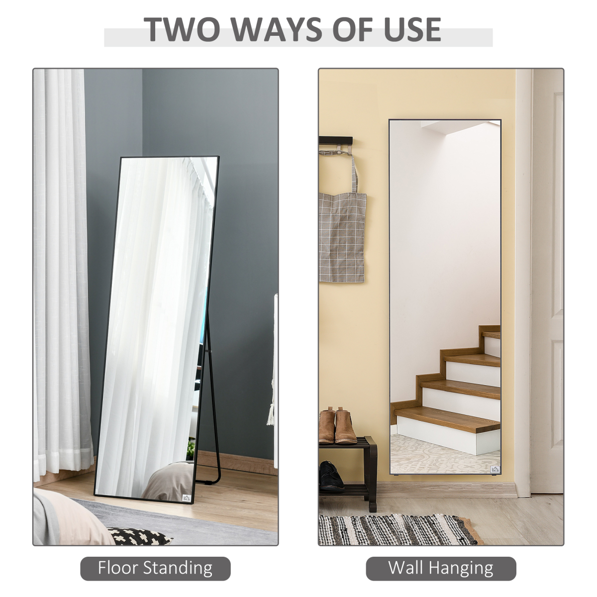 HOMCOM Full Length Mirror 160 x 48.5cm – Floor Standing or Wall Mounted Dressing Mirror, Black Aluminium Frame