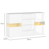 HOMCOM LED High Gloss Sideboard with 4 Drawers & 2 Side Cupboards – Living & Dining Room Storage, White