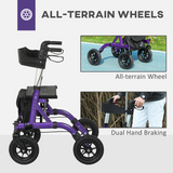 HOMCOM All-Terrain Rollator Walker with Seat, Backrest & Storage Bag – Folding Aluminium Mobility Aid, Purple