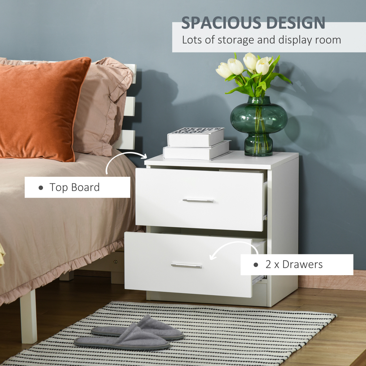 HOMCOM Bedside Table Nightstand with 2 Storage Drawers – Compact Modern Bedroom Cabinet