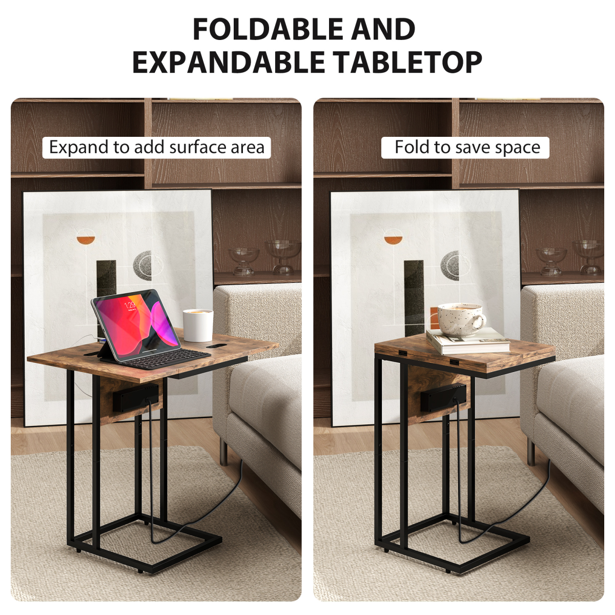 HOMCOM C Shaped Side Table with Charging Station and Foldable Top – Space-Saving, Rustic Brown and Black