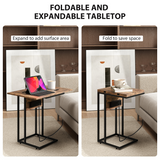 HOMCOM C Shaped Side Table with Charging Station and Foldable Top – Space-Saving, Rustic Brown and Black