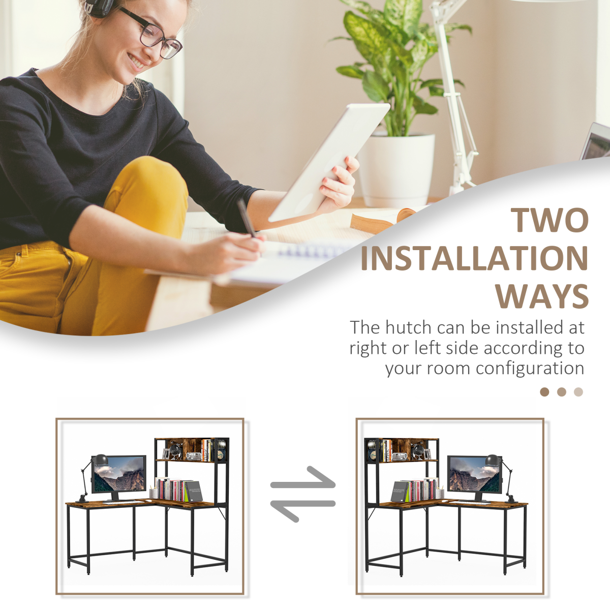 HOMCOM Industrial L-Shaped Desk with Upper Shelf, 149 x 140cm – Corner Home Office Workstation, Brown & Black
