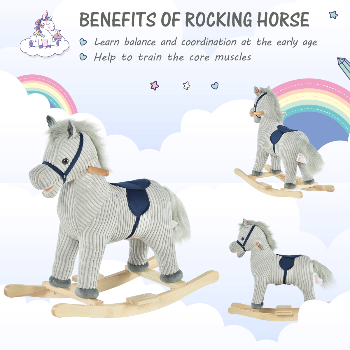 Kids Wooden Rocking Horse with Corduroy Finish, Footrest & Neighing Sounds – Traditional Ride-On, Grey