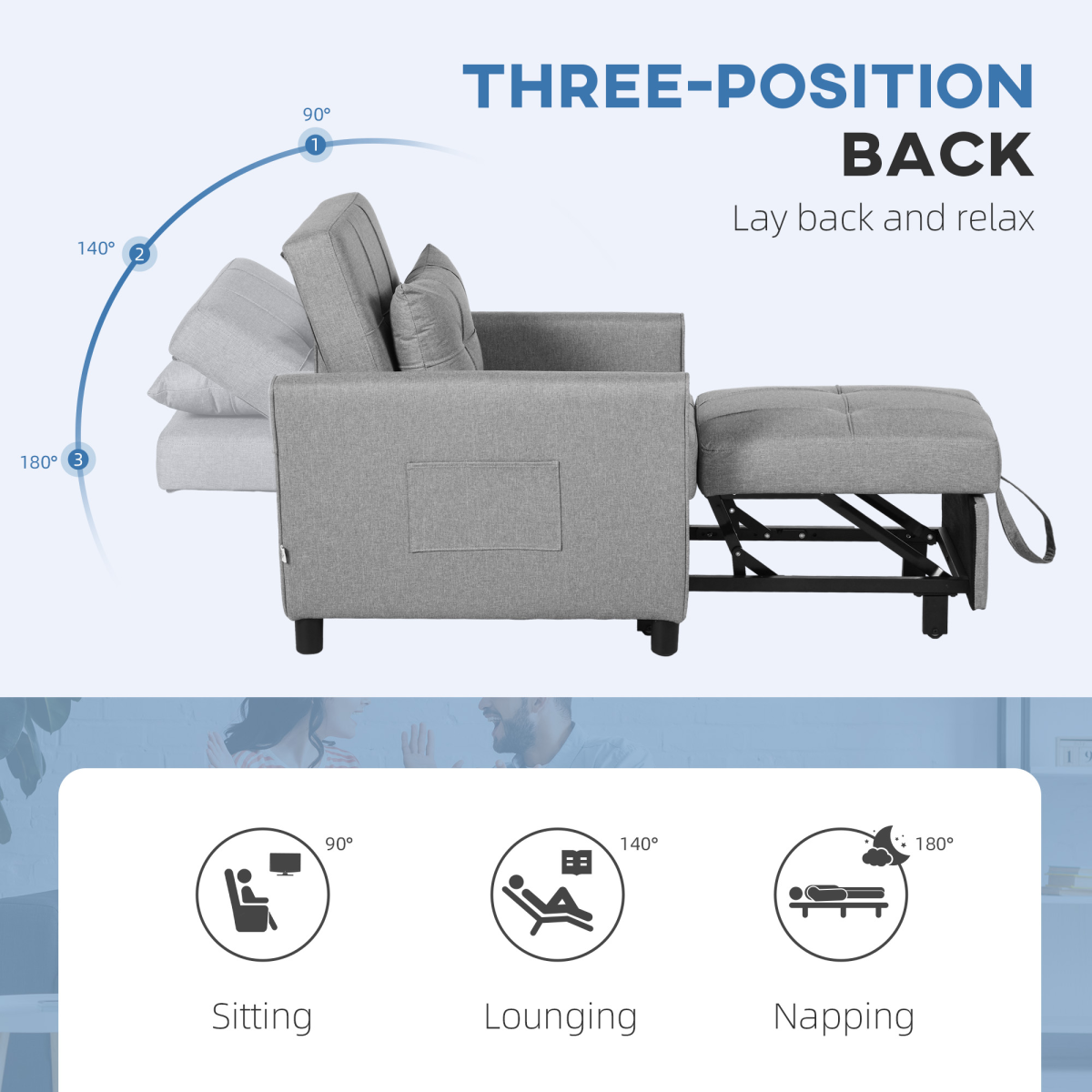 HOMCOM Pull-Out Sleeper Chair Bed with Pillow & Side Pockets – Single Guest Bed, Padded Upholstery, Light Grey