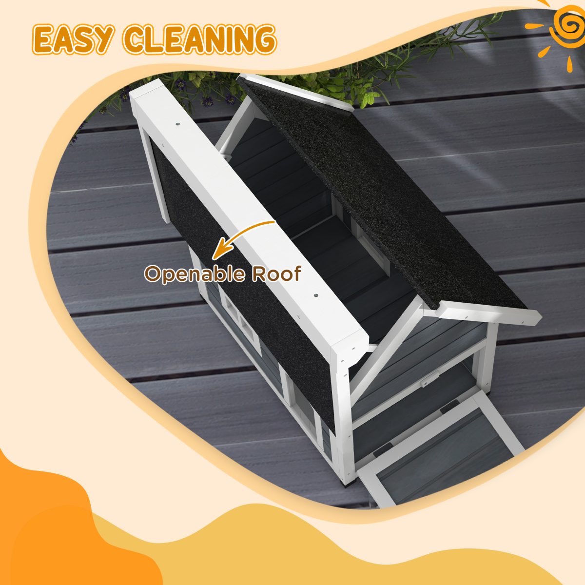 PawHut Outdoor Feral Cat House with Openable Asphalt Roof and Three Doors – Fir Wood Shelter, Grey