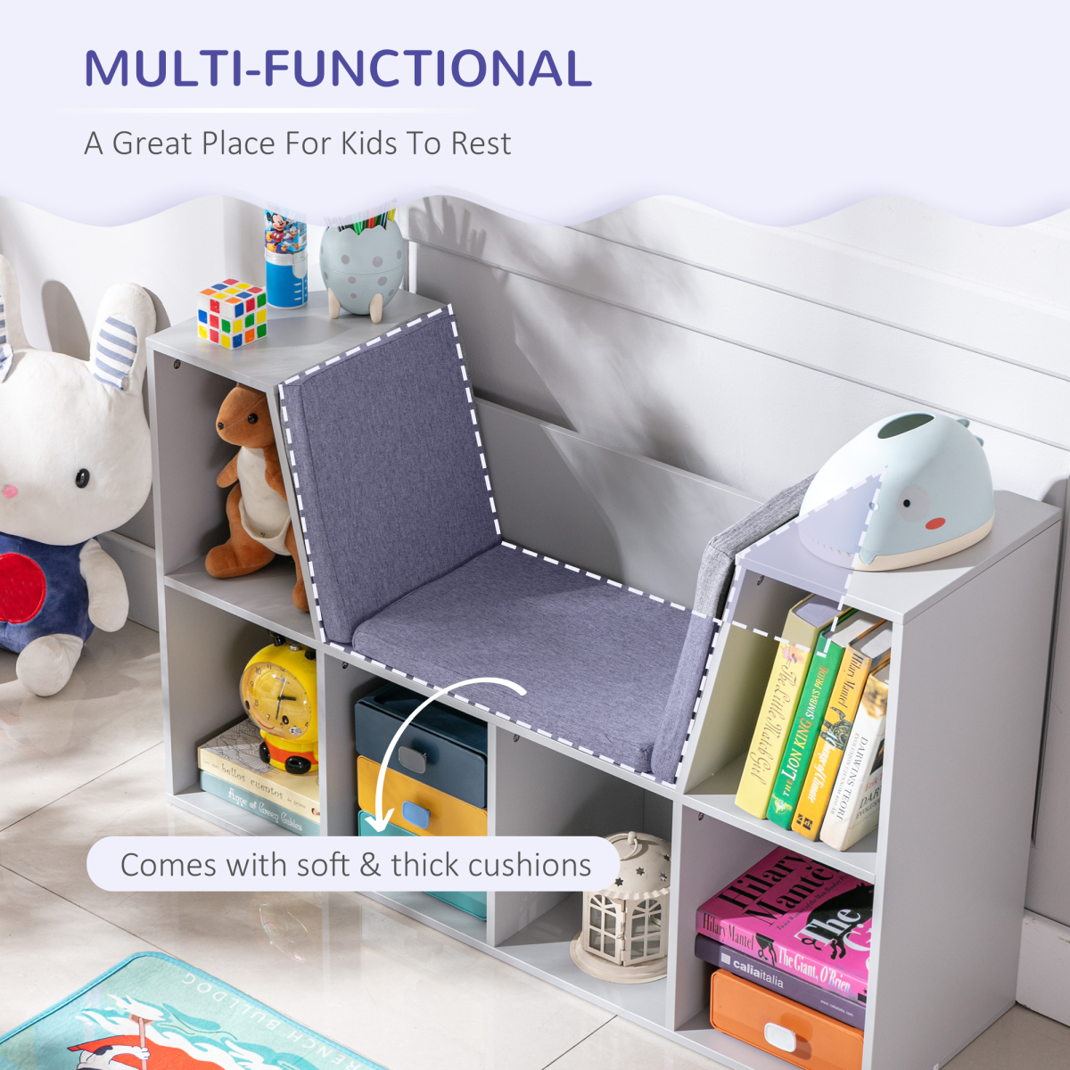 HOMCOM Kids Cabinet with Six Compartments and Cushioned Seat – Toy, Book & Clothes Storage, Grey