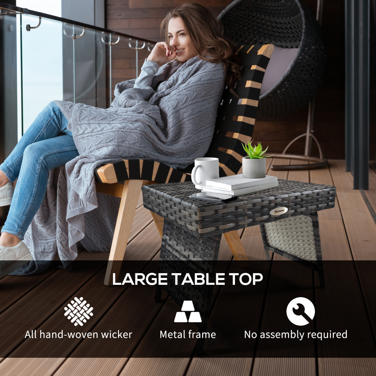 Outsunny Foldable Outdoor Coffee Table with Steel Frame and PE Rattan Top – Garden Side Table, Mixed Grey