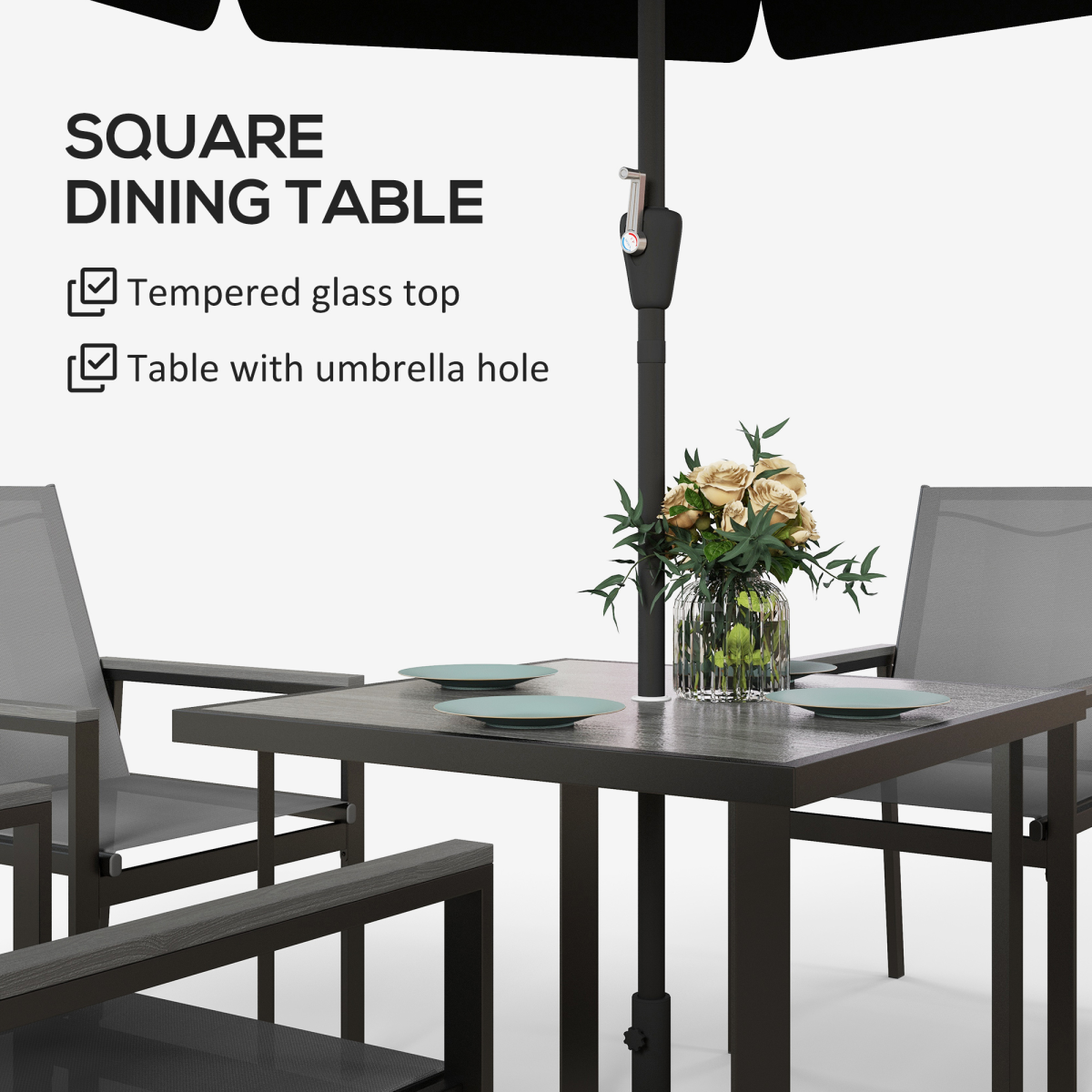 Outsunny 5-Piece Garden Dining Set with Tempered Glass Table and 4 Mesh Chairs – Patio Furniture, Grey