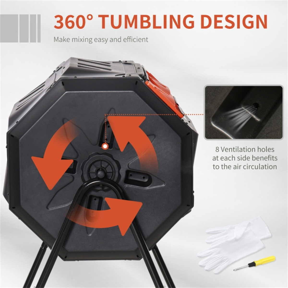 Dual Chamber Tumbling Compost Bin with 360° Rotation & Ventilation – 42.3 Gallon Garden Composter, Orange