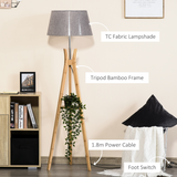 HOMCOM Tripod Floor Lamp with Fabric Shade & Built-In Storage Shelf – Living Room Standing Light, Grey