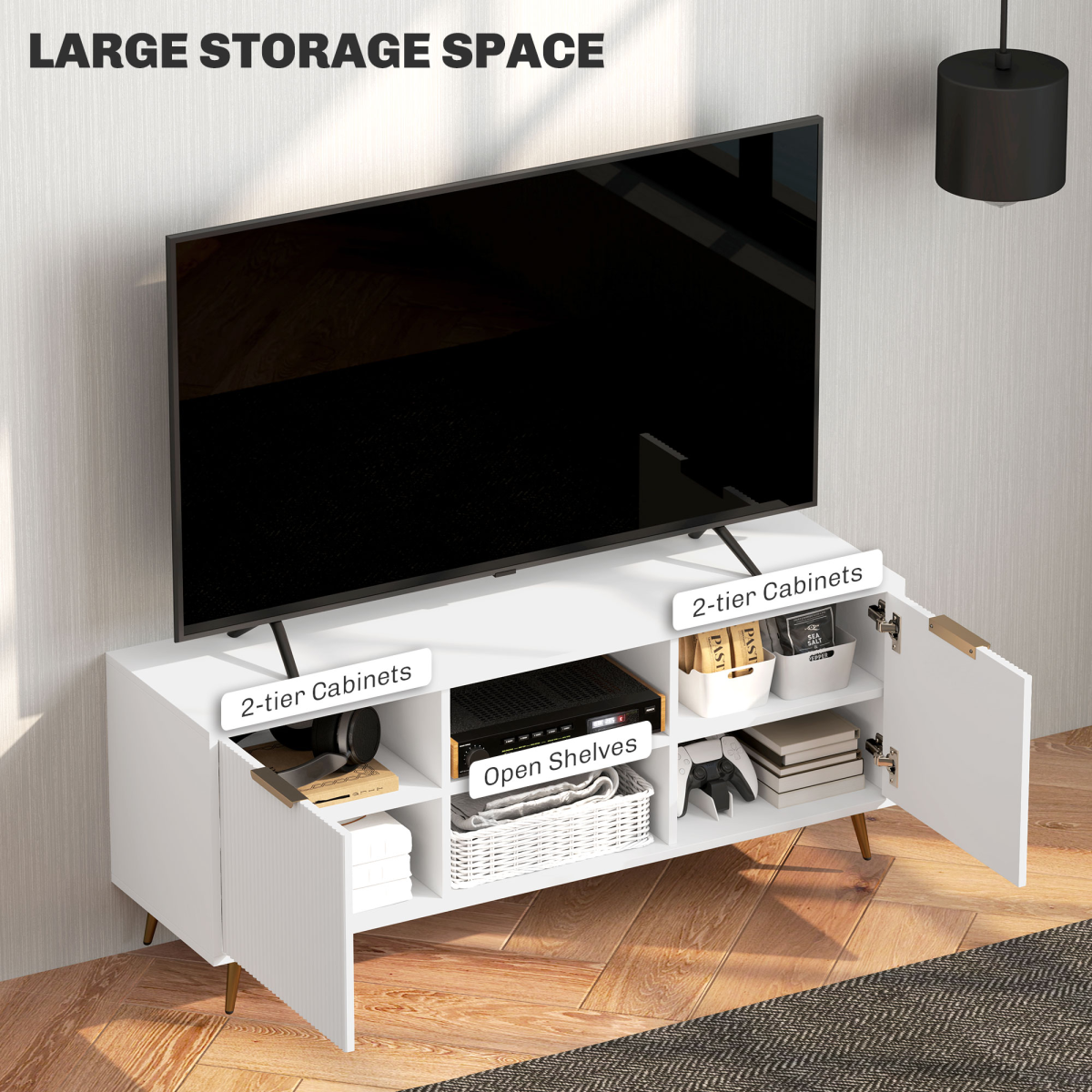 HOMCOM Modern TV Stand Cabinet with Cupboards, Open Shelves & Cable Holes – Storage for TVs up to 55 Inch, White