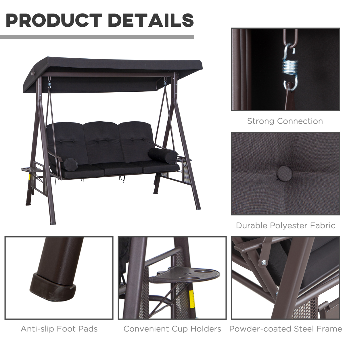 Outsunny 3-Seater Patio Swing Chair with Adjustable Canopy & Side Cup Trays – Garden Swing Bench, 360kg, Black