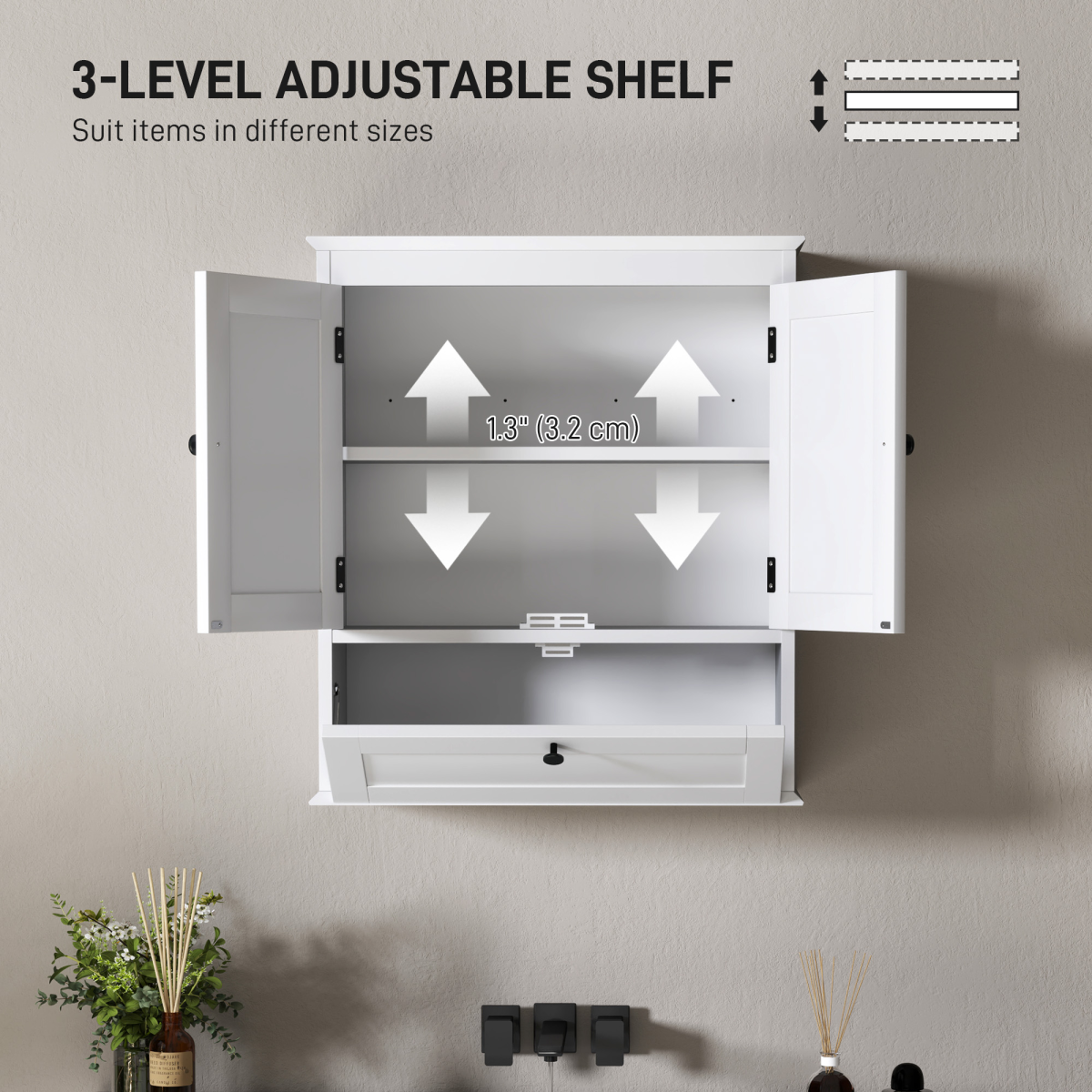 HOMCOM Wall Mounted Bathroom Cabinet with Adjustable Shelf and 3 Compartments – Space-Saving, White