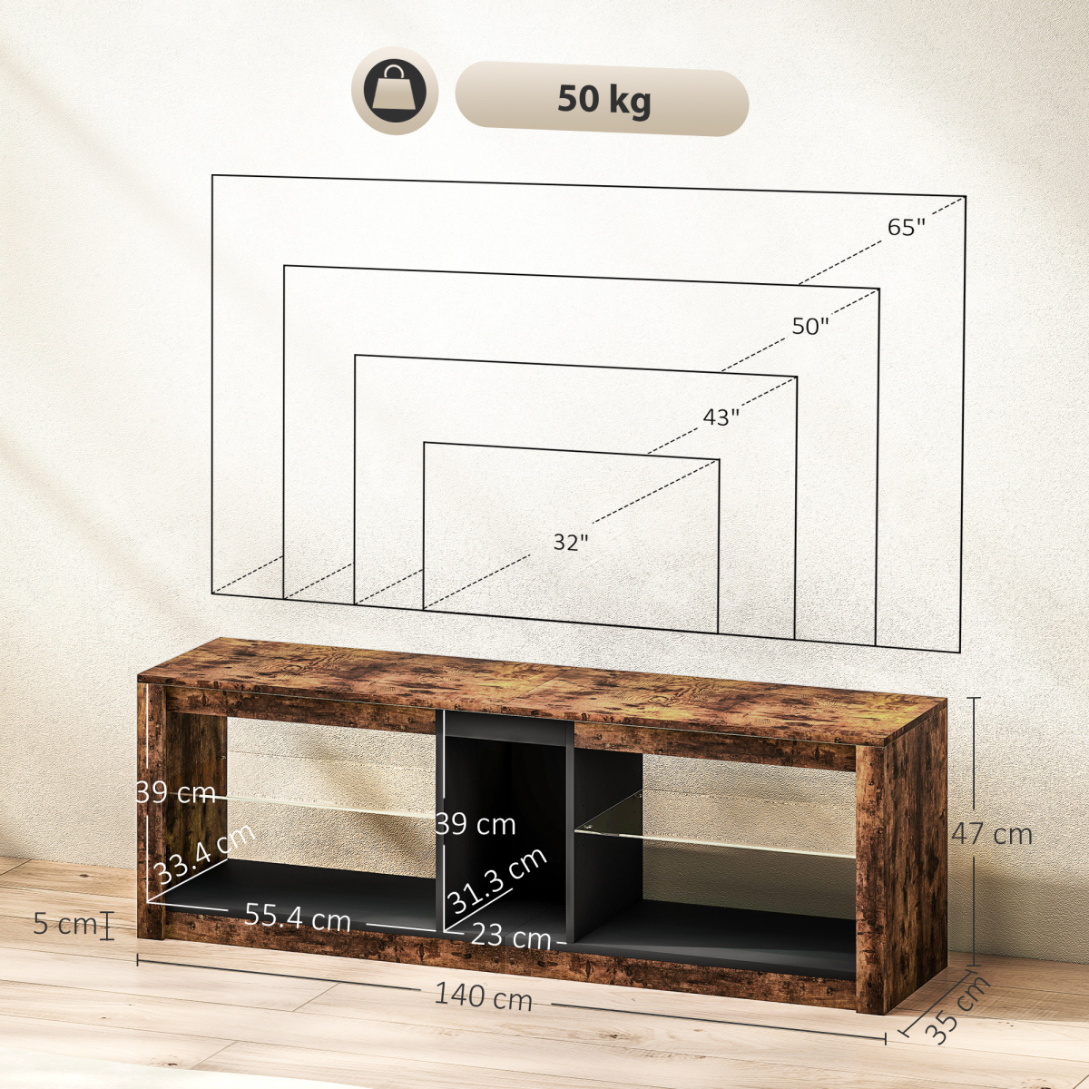 HOMCOM TV Stand with LED Lights & Remote Control – Entertainment Centre for TVs up to 65 Inch, Rustic Brown